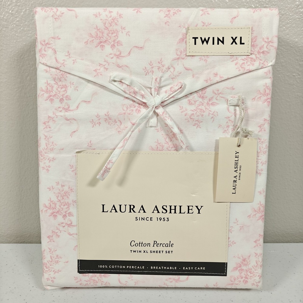 Laura Ashley Twin XL Sheet Set 3pc Cotton Percale Pink White Floral Bows NEW
